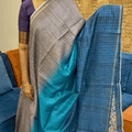 Cement and Aqua Blue With Golden Stripes Saree