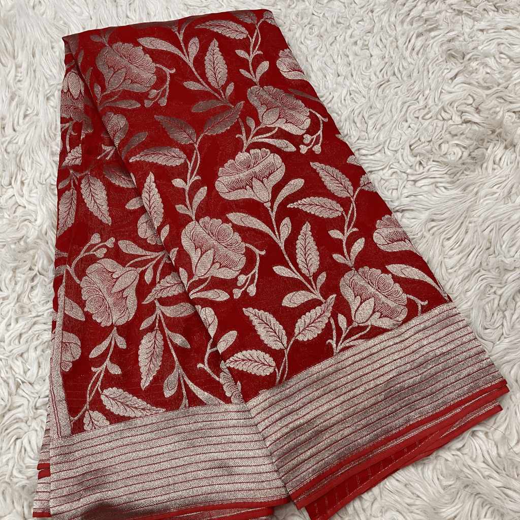 Georget Red Floral Silver Zari Weaved Saree