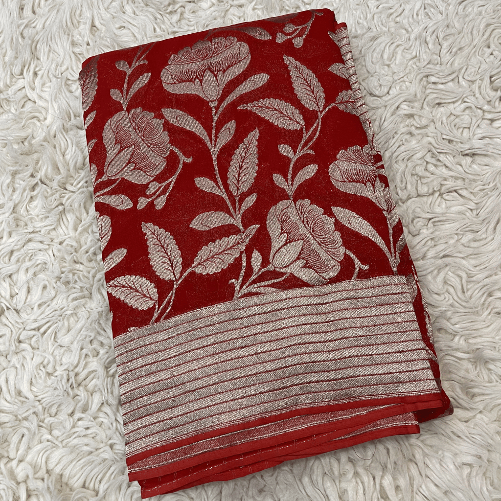 Georget Red Floral Silver Zari Weaved Saree