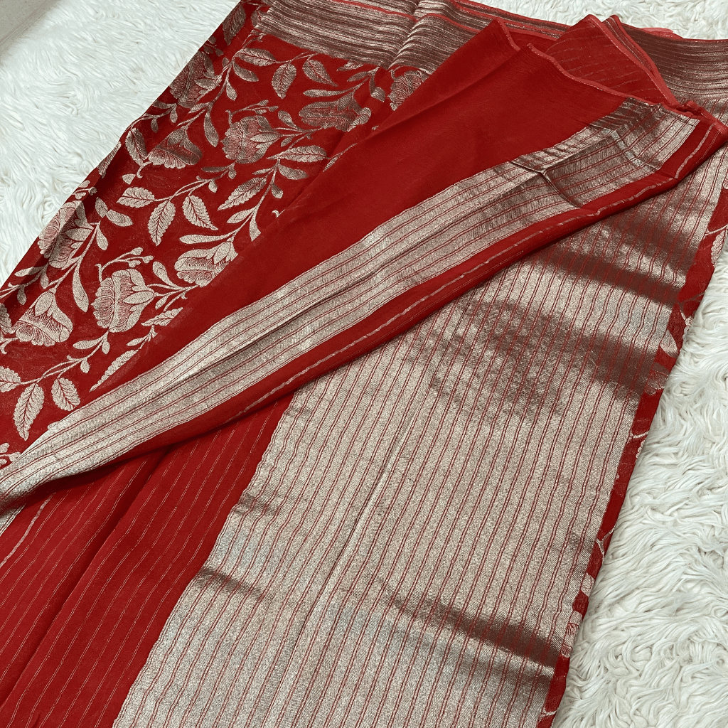 Georget Red Floral Silver Zari Weaved Saree