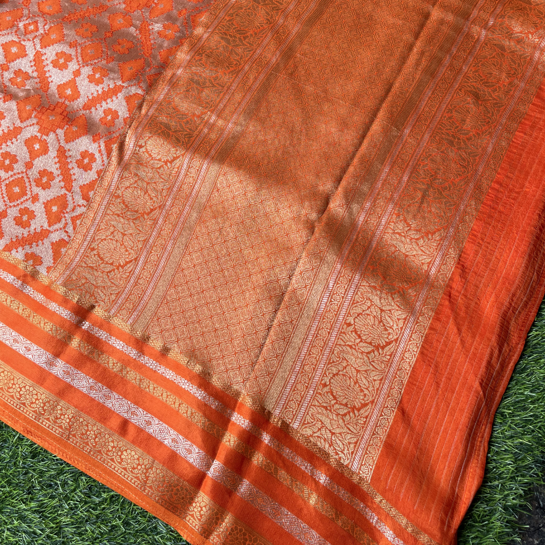 Premium Patola Silk Saree with Silver & Golden Zari Weaving | Designer Big Border