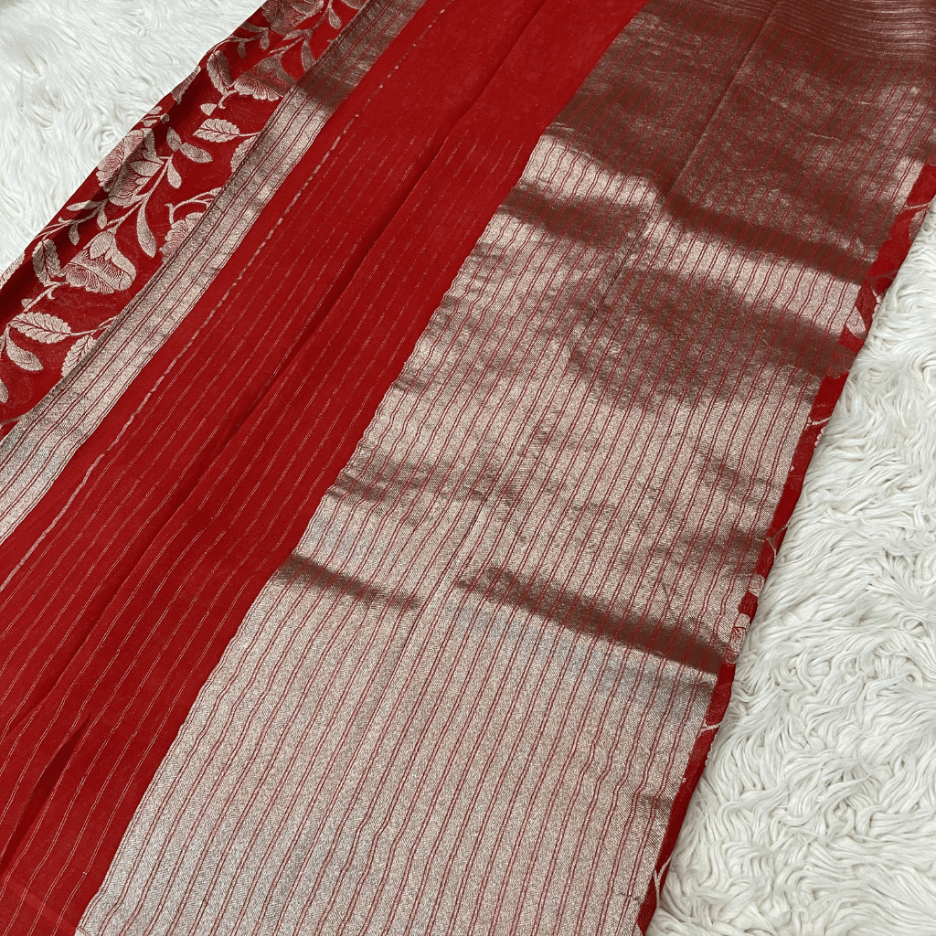 Georget Red Floral Silver Zari Weaved Saree