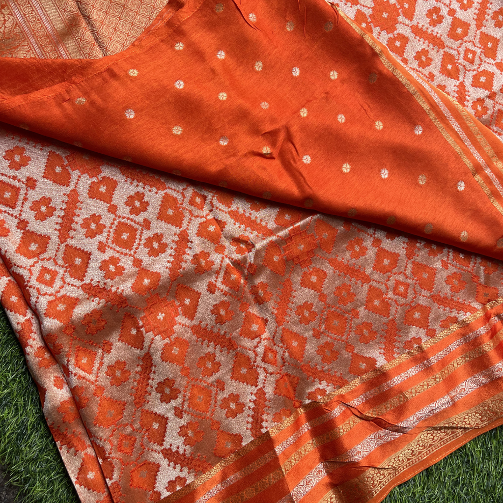 Premium Patola Silk Saree with Silver & Golden Zari Weaving | Designer Big Border