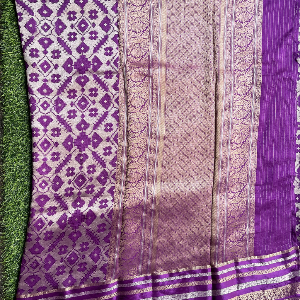 Premium Patola Silk Saree with Silver & Golden Zari Weaving | Designer Big Border