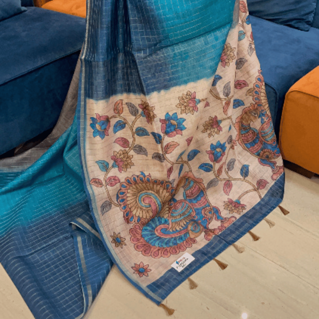 Cement and Aqua Blue With Golden Stripes Saree