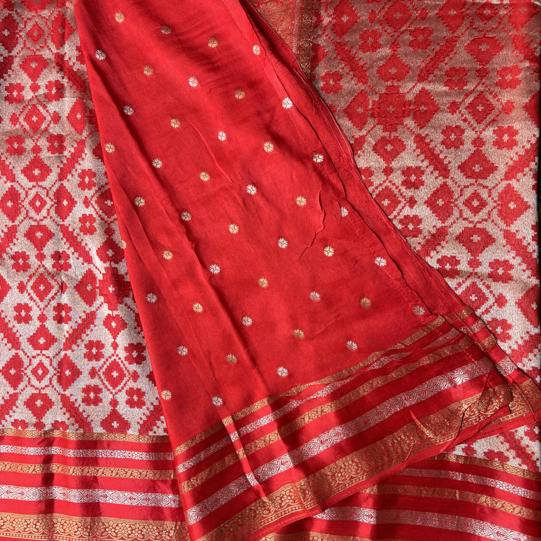 Premium Patola Silk Saree with Silver & Golden Zari Weaving | Designer Big Border