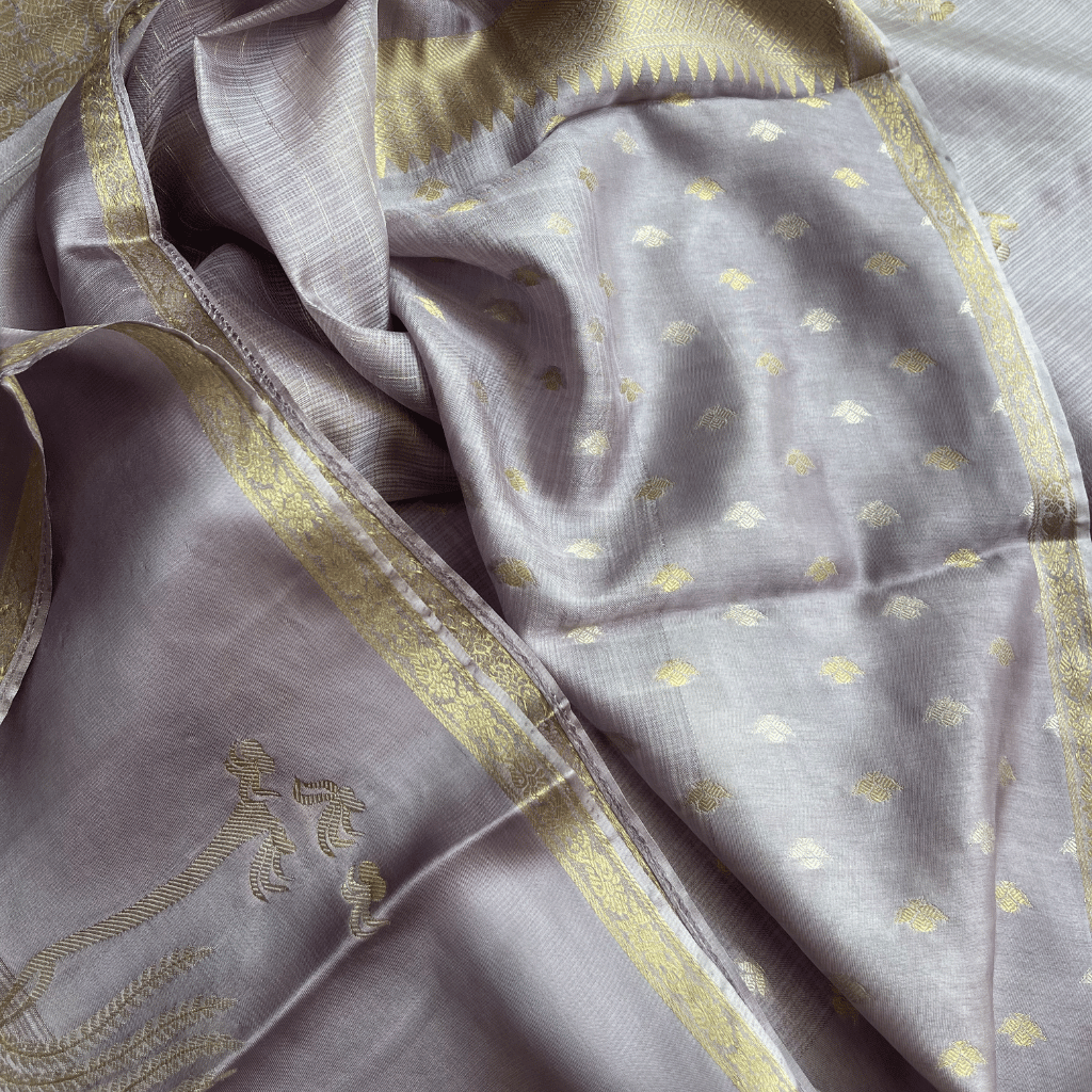 Manipuri Grey Saree With Gold Embroidery