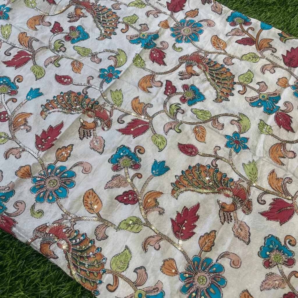 White Kalamkari Pure Crape Blouse Material 1 Meter