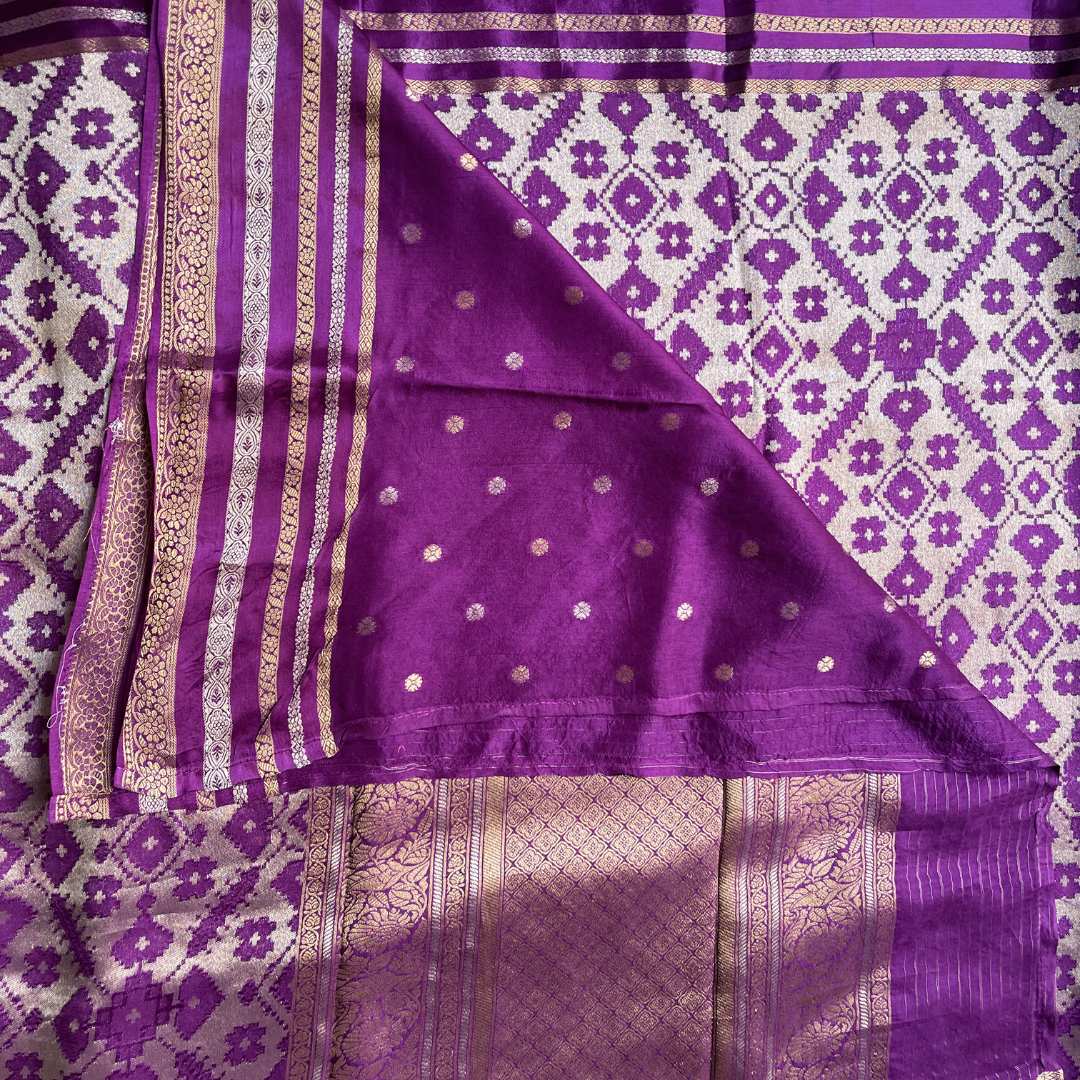 Premium Patola Silk Saree with Silver & Golden Zari Weaving | Designer Big Border