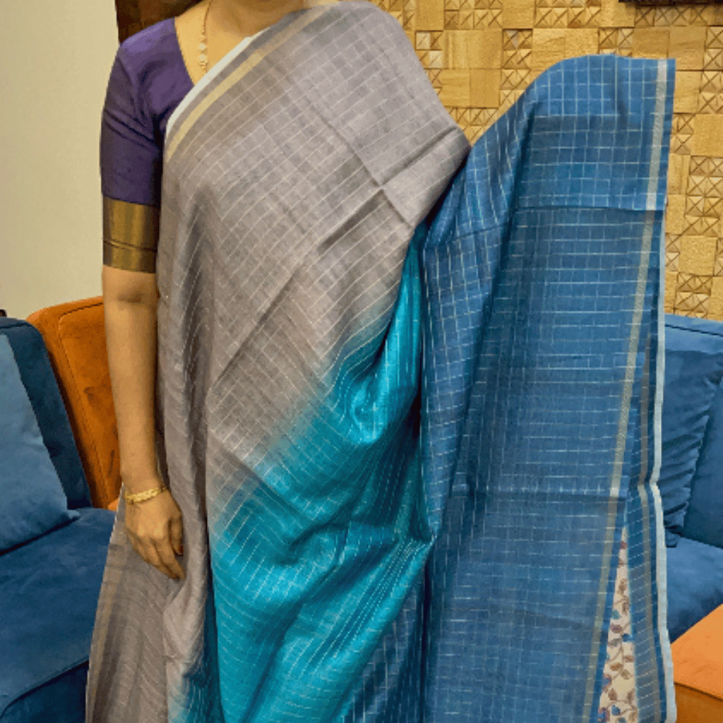 Cement and Aqua Blue With Golden Stripes Saree