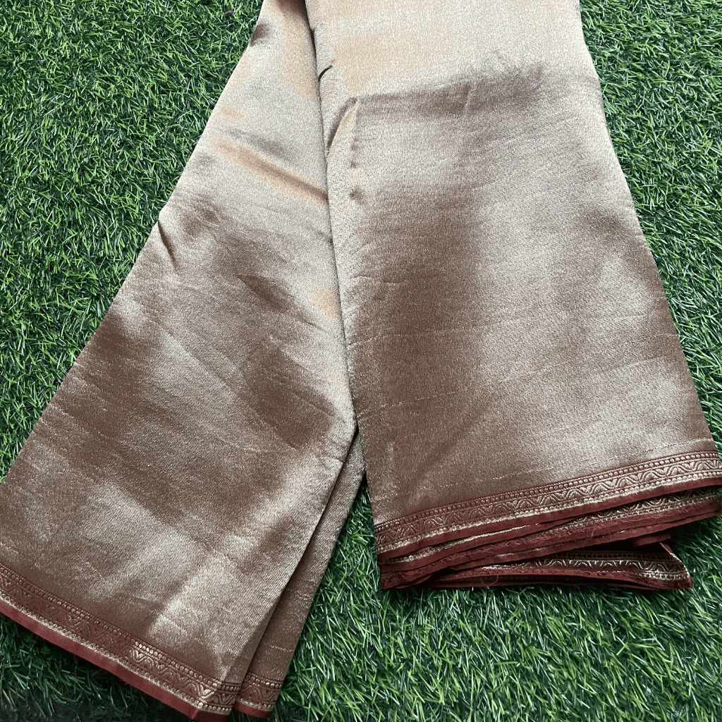 Golden Tissue Saree In Brown With Rich Pallu