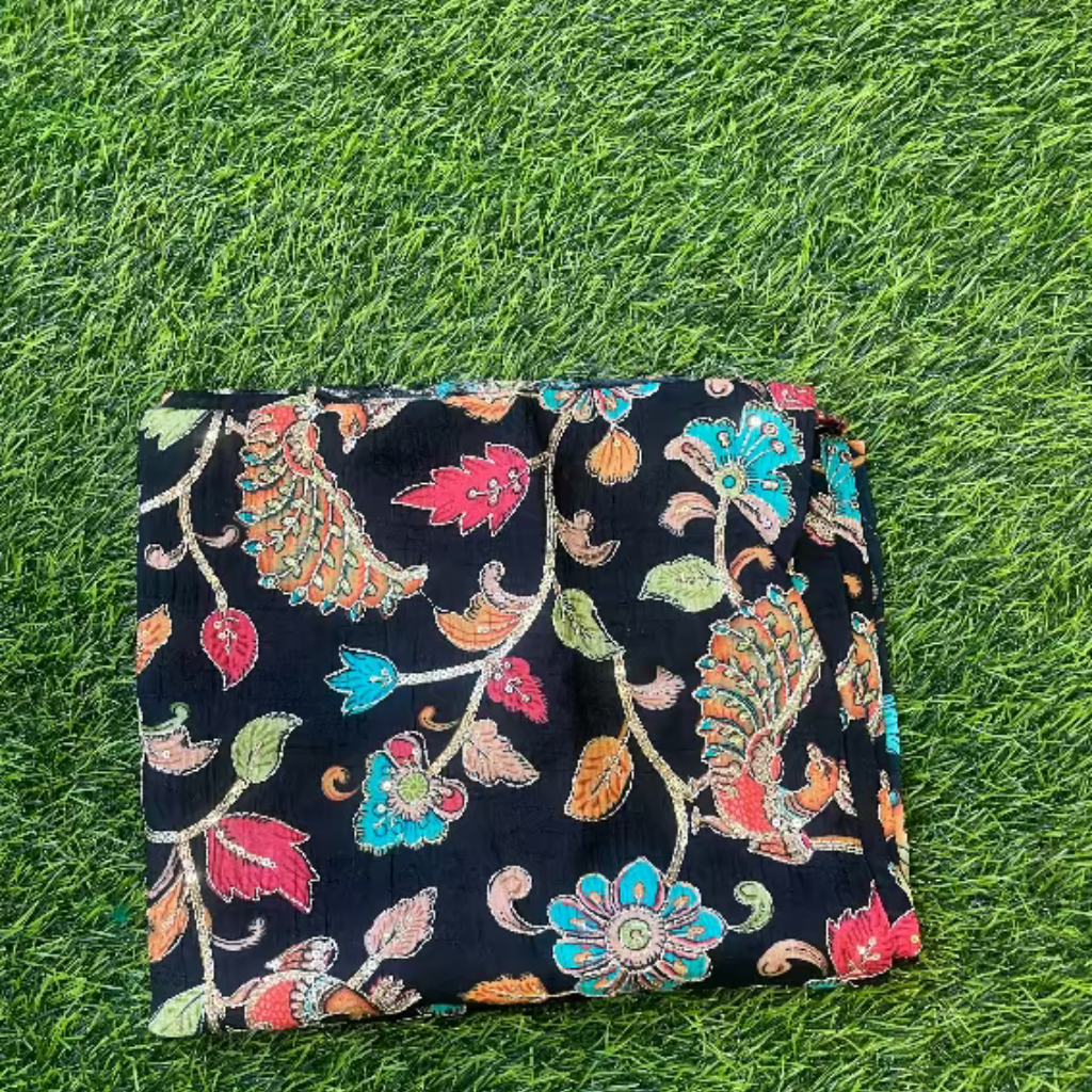 Black Kalamkari Pure Crape Blouse Material 1 Meter