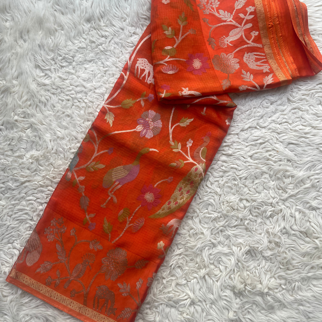 Orange Authentic Manipuri Saree with Bird & Animal Woven Motifs | Lightweight Handwoven Festival & Wedding Saree