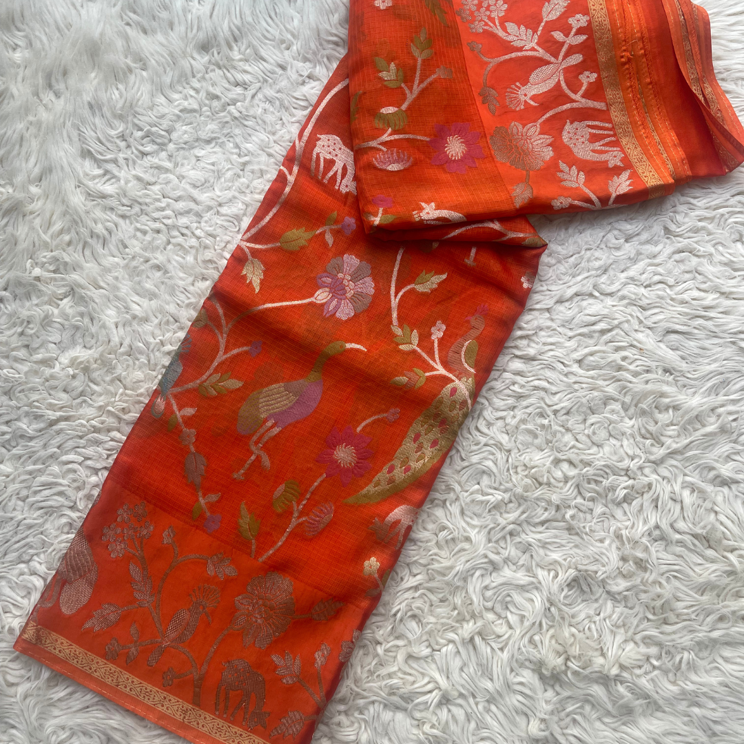 Orange Authentic Manipuri Saree with Bird & Animal Woven Motifs | Lightweight Handwoven Festival & Wedding Saree