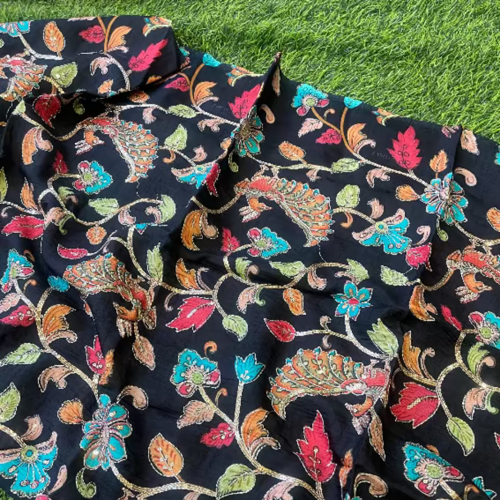 Black Kalamkari Pure Crape Blouse Material 1 Meter