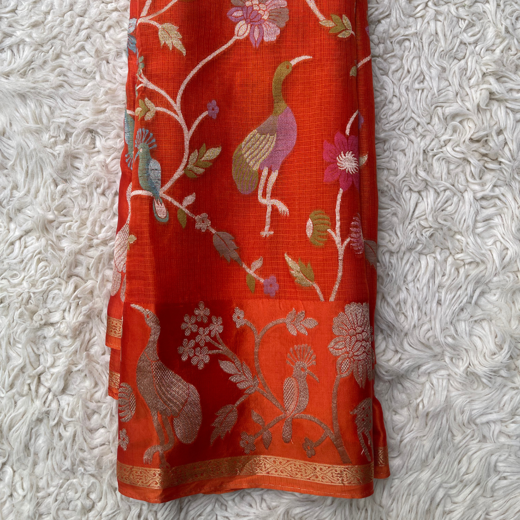 Orange Authentic Manipuri Saree with Bird & Animal Woven Motifs | Lightweight Handwoven Festival & Wedding Saree