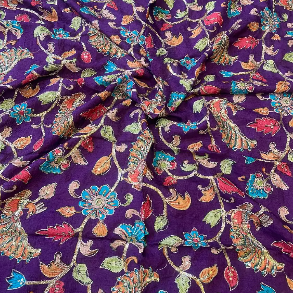 Purple Kalamkari Pure Crape Blouse Material 1 Meter