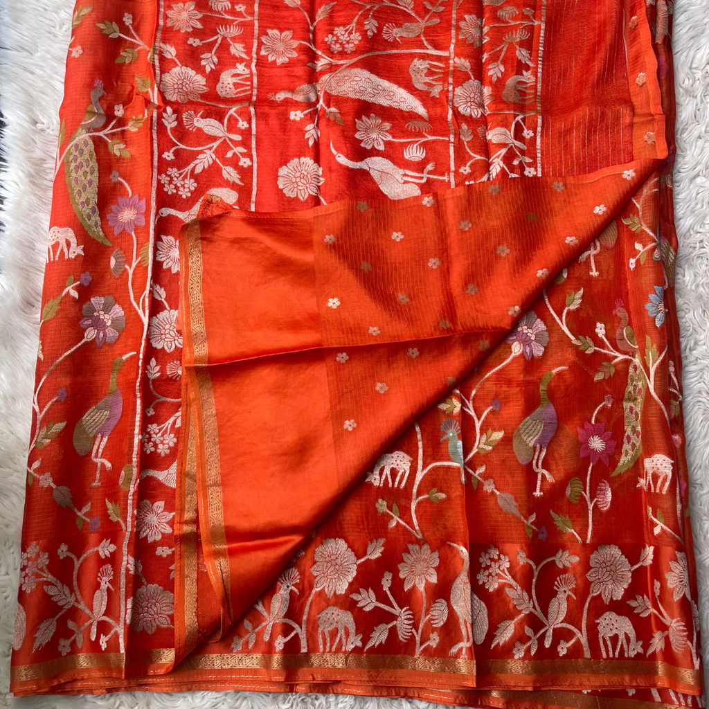 Orange Authentic Manipuri Saree with Bird & Animal Woven Motifs | Lightweight Handwoven Festival & Wedding Saree