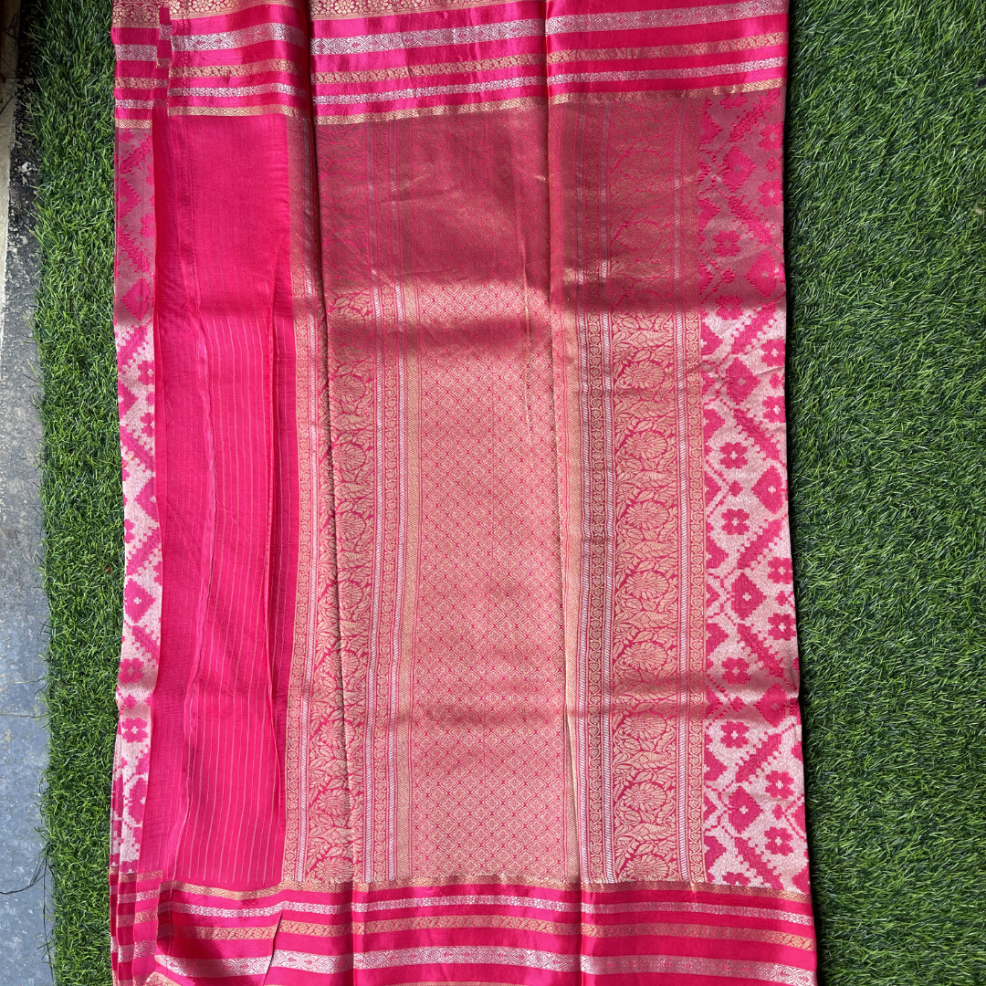 Premium Patola Silk Saree with Silver & Golden Zari Weaving | Designer Big Border