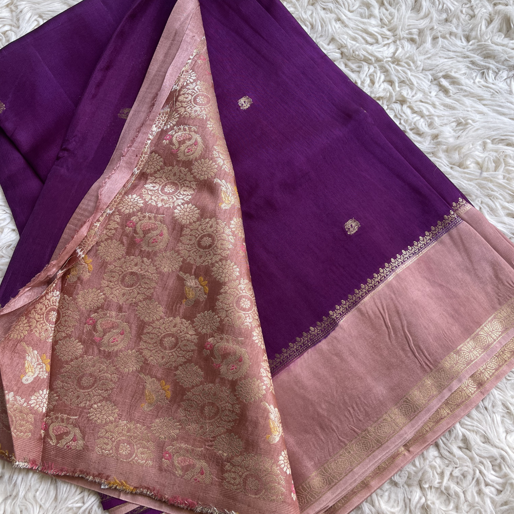Viscous Dola Silk Purple Saree With Pink Border