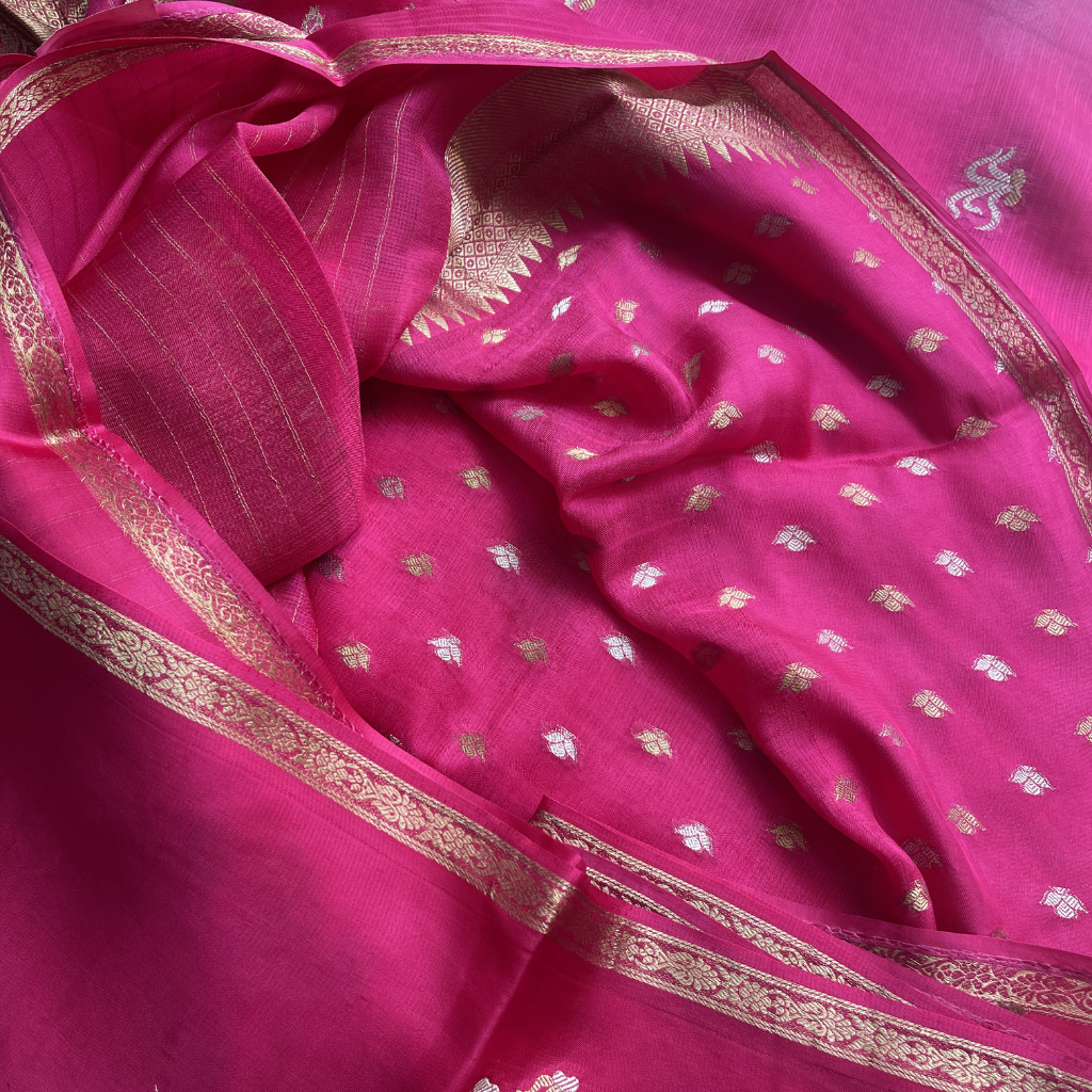 Manipuri Pink Saree With Gold Embroidery