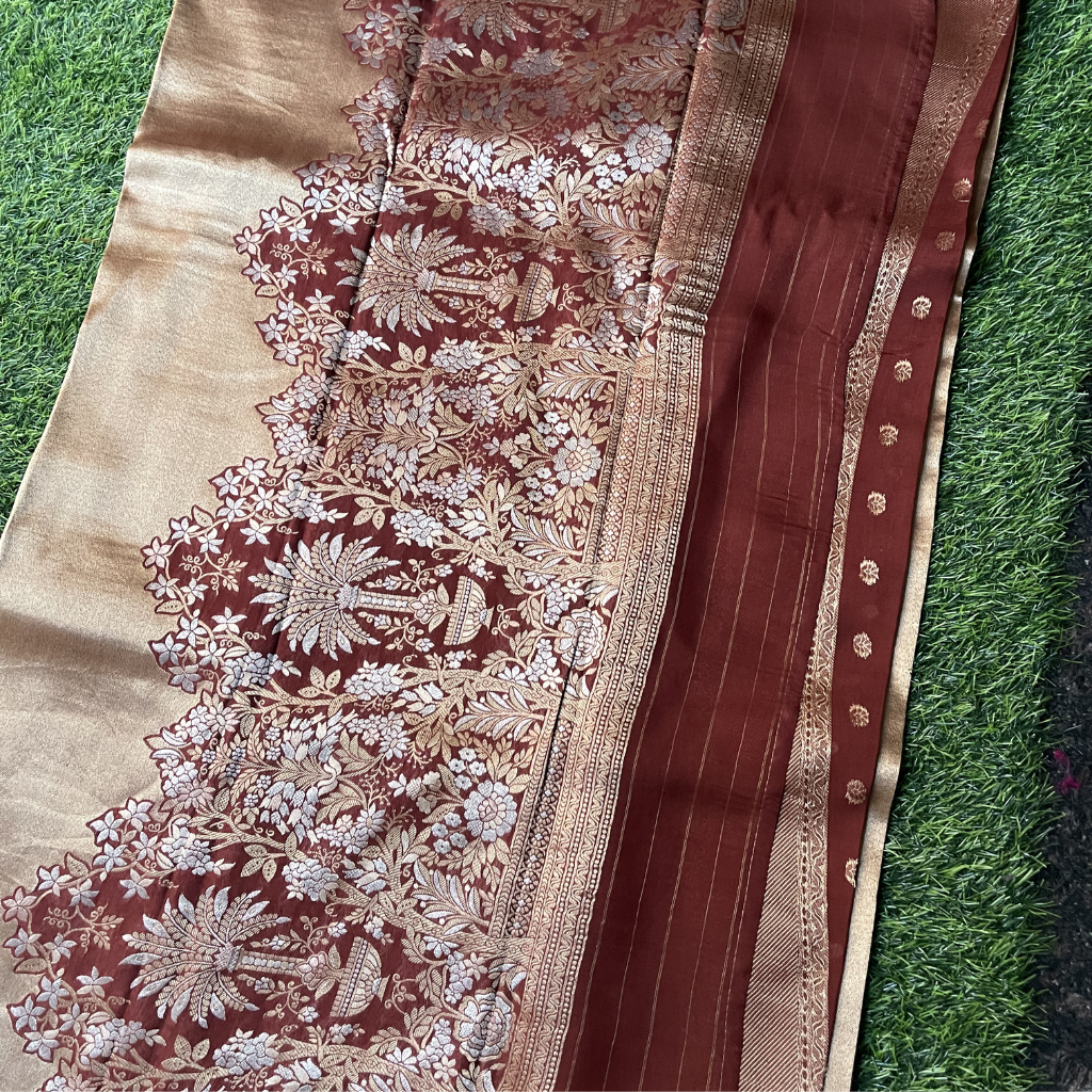 Golden Tissue Saree In Brown With Rich Pallu