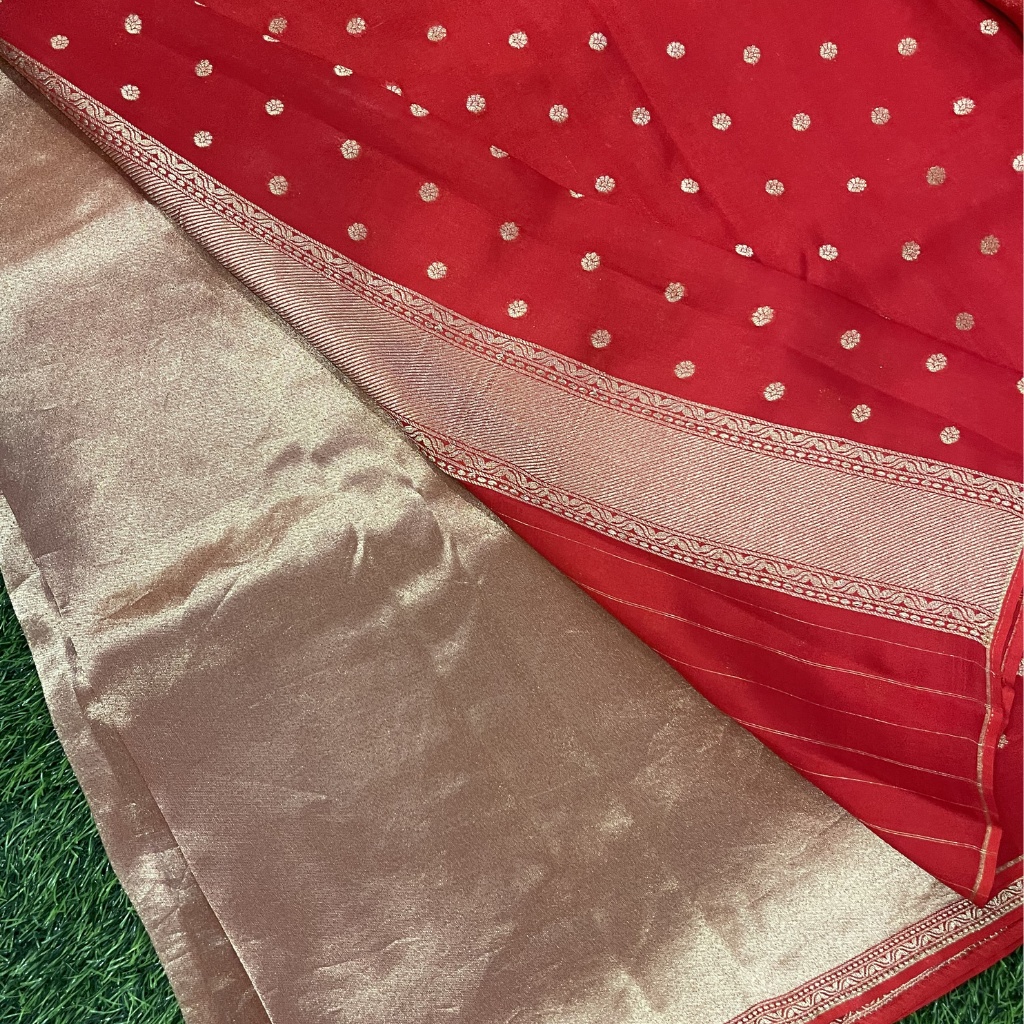 Golden Tissue Saree In Red Colour With Rich Pallu