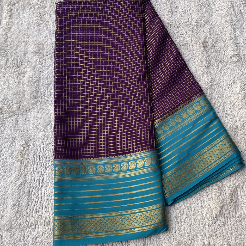 Pure Crape Mysore Silk Saree With Mango Bentex Checks Pattern 1
