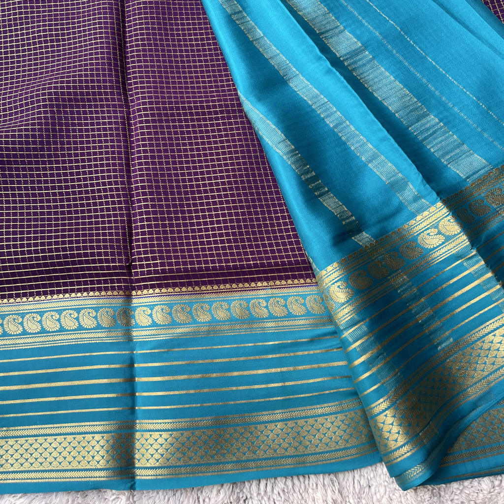 Pure Crape Mysore Silk Saree With Mango Bentex Checks Pattern 1