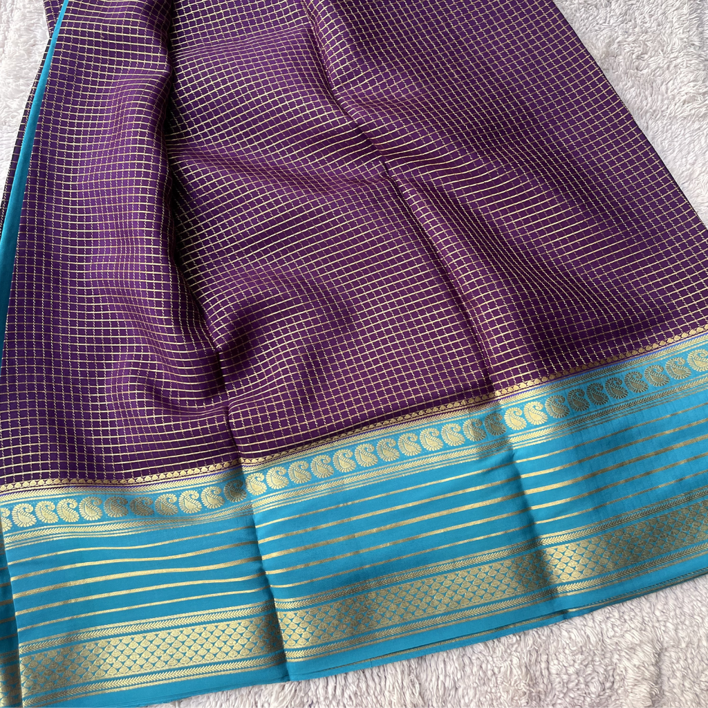 Pure Crape Mysore Silk Saree With Mango Bentex Checks Pattern 1