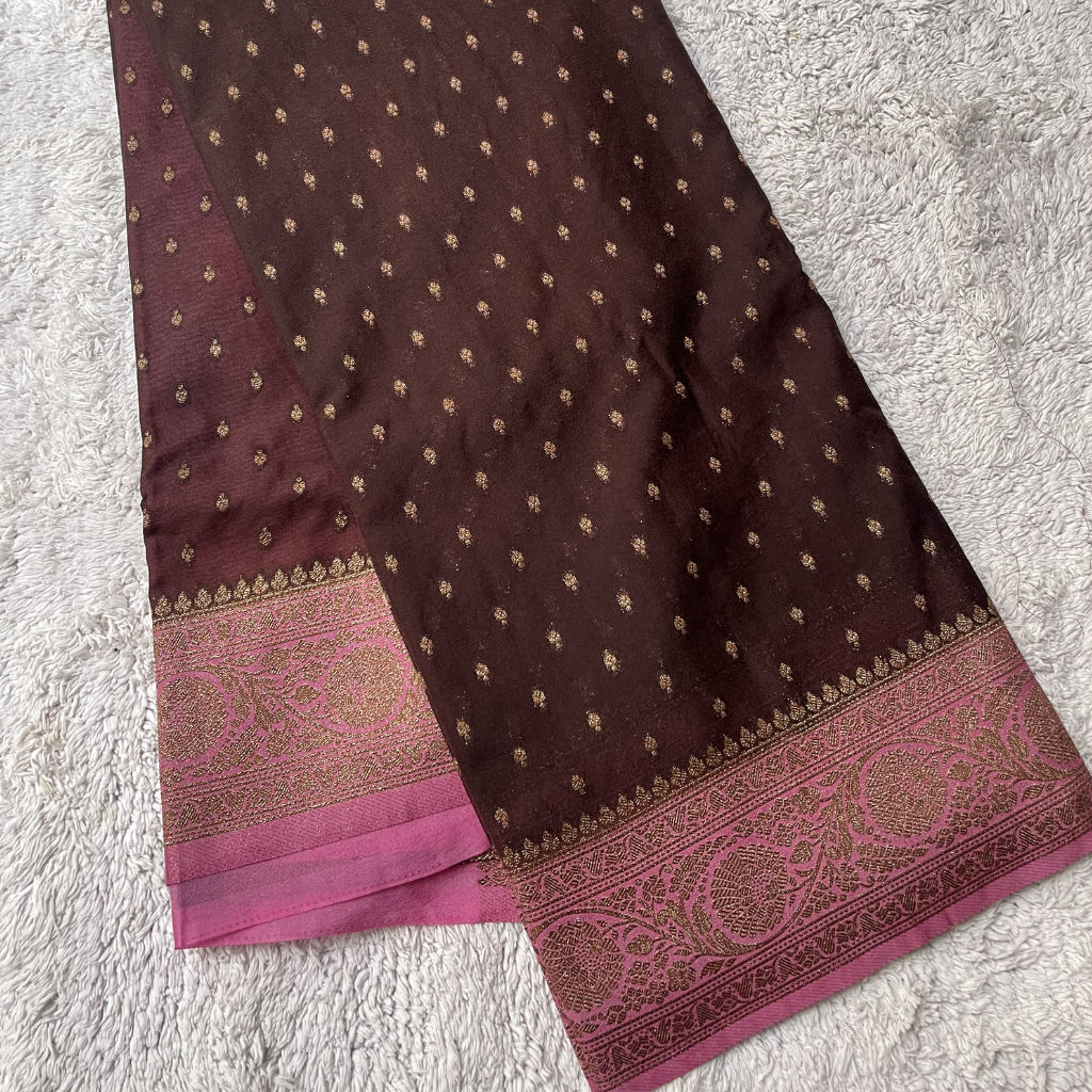 Crape Butta Banarasi Georget Brown With Baby Pink Contrast Colour Saree