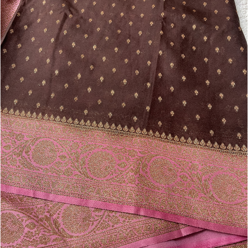 Crape Butta Banarasi Georget Brown With Baby Pink Contrast Colour Saree