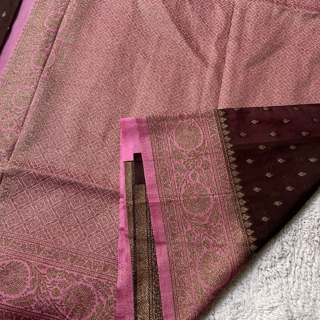 Crape Butta Banarasi Georget Brown With Baby Pink Contrast Colour Saree