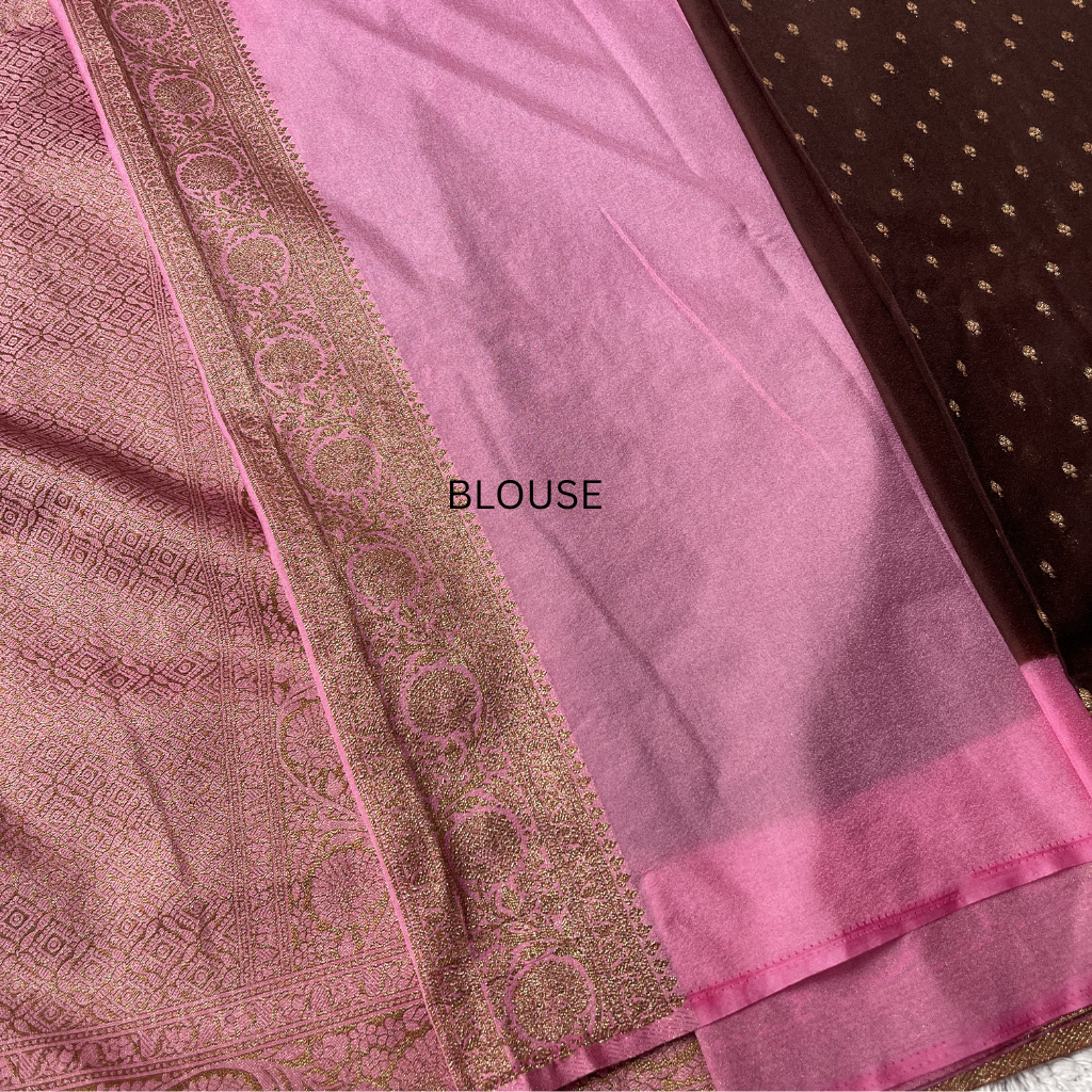 Crape Butta Banarasi Georget Brown With Baby Pink Contrast Colour Saree