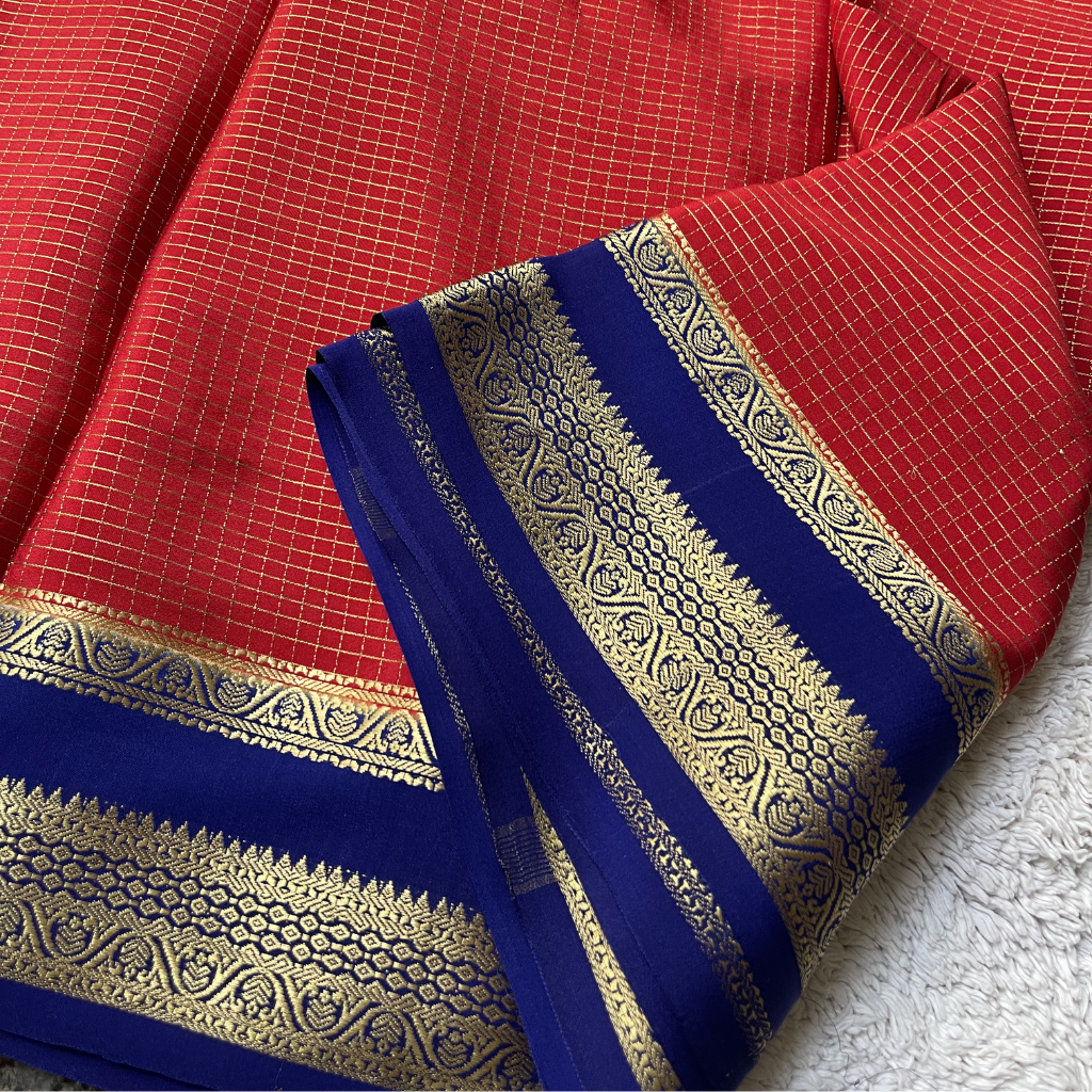 Pure Crape Mysore Silk Oil Red Saree With Bentex Checks Pattern 3