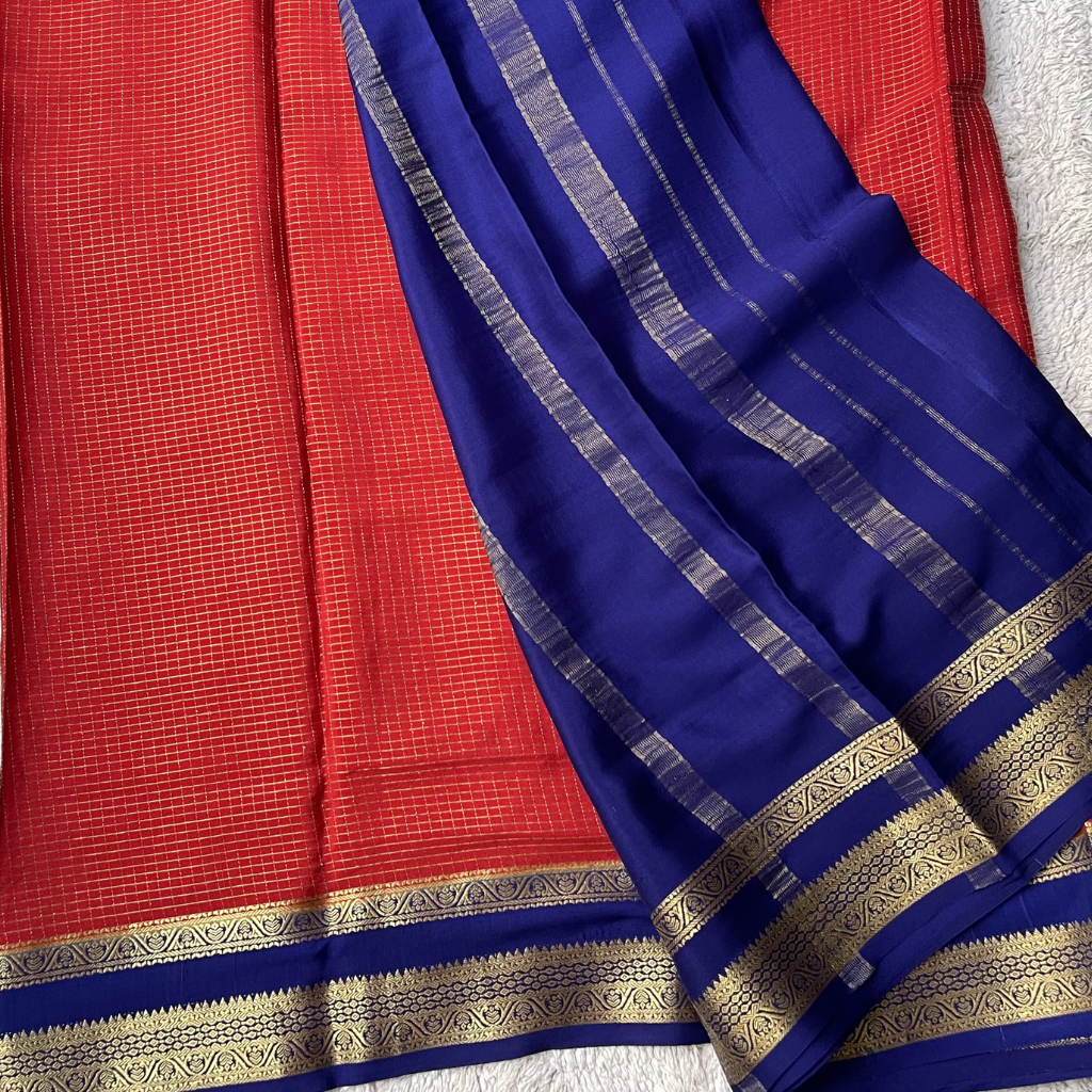 Pure Crape Mysore Silk Oil Red Saree With Bentex Checks Pattern 3