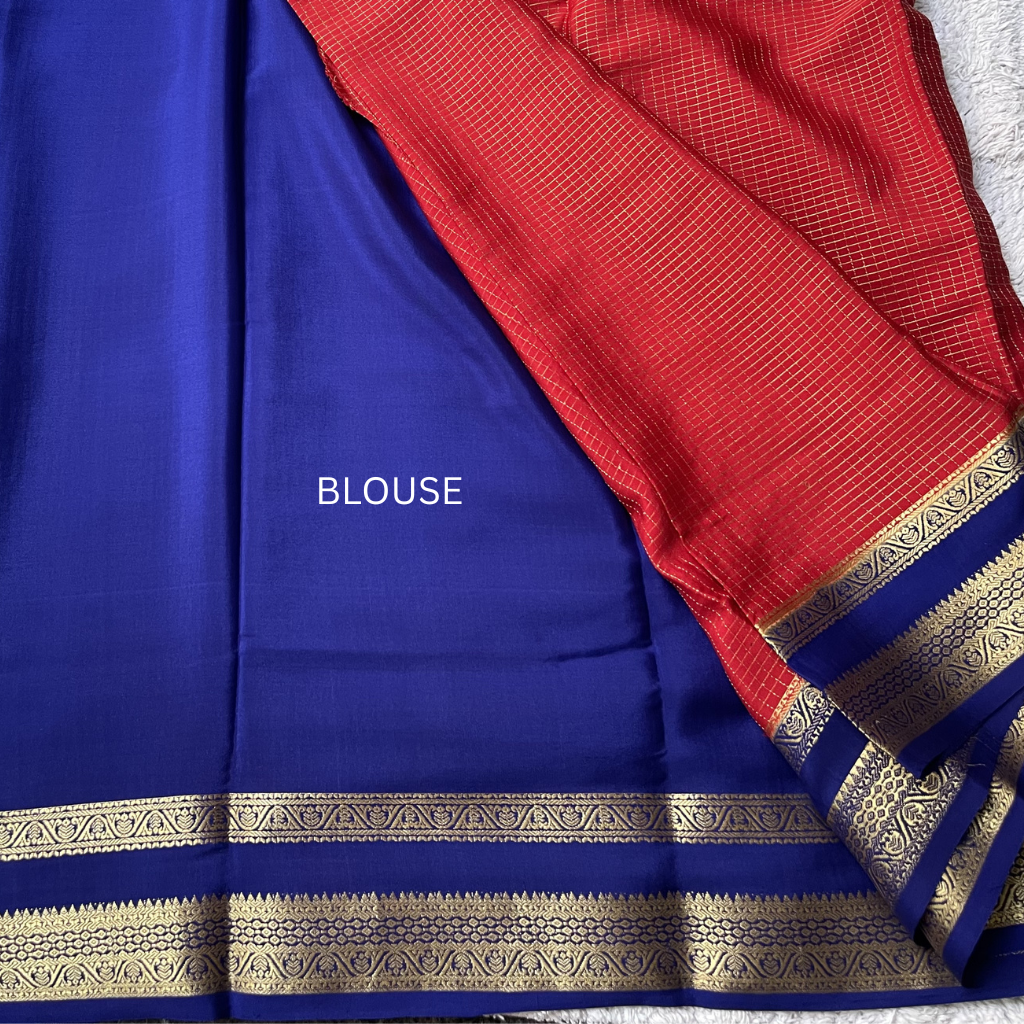Pure Crape Mysore Silk Oil Red Saree With Bentex Checks Pattern 3