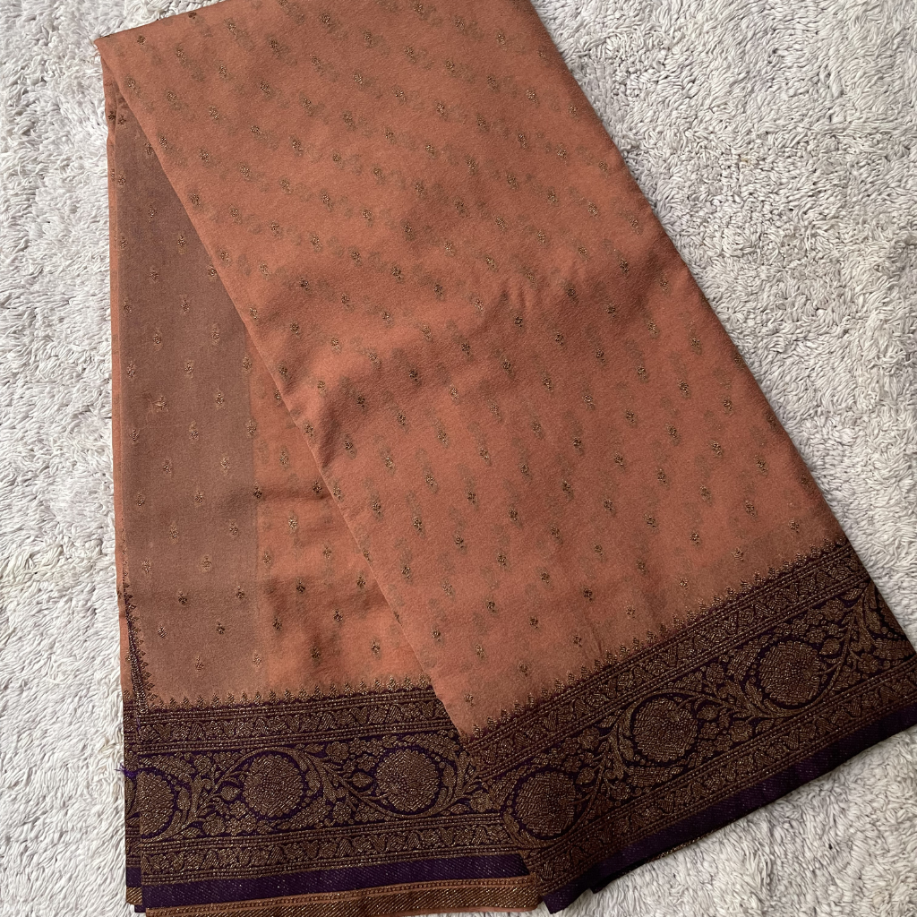 Crape Butta Banarasi Georget Peach With Purple Contrast Colour Saree
