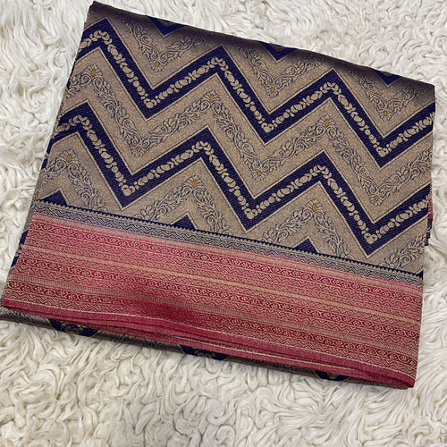 Brocade Navi Blue Colour Saree In Zig-Zig Pattern With Rich Pallu In Wedding Collections