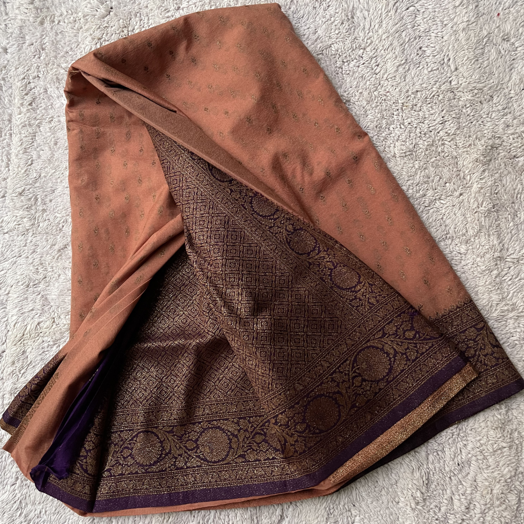 Crape Butta Banarasi Georget Peach With Purple Contrast Colour Saree