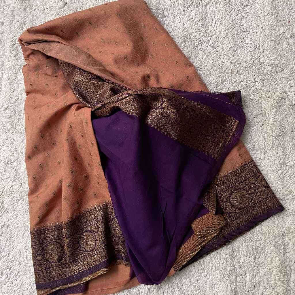 Crape Butta Banarasi Georget Peach With Purple Contrast Colour Saree