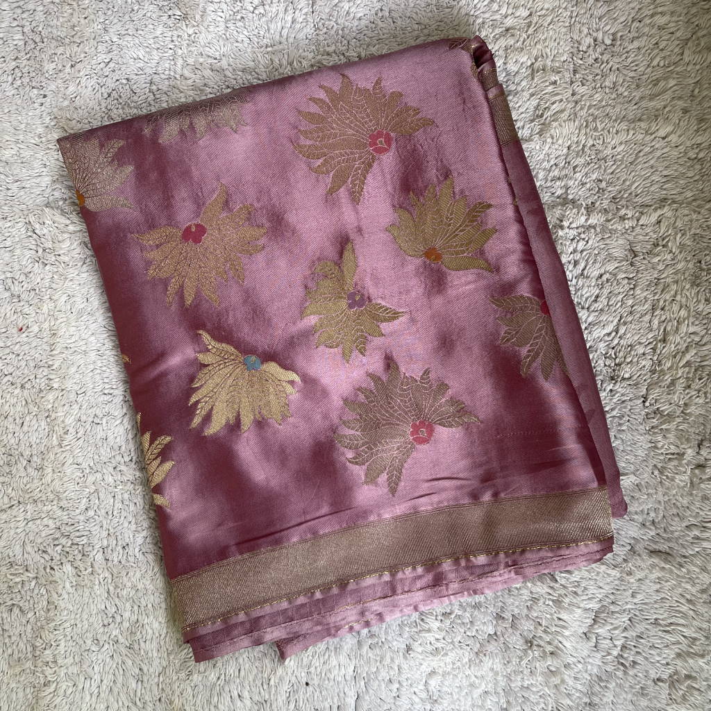 Onion Pink Banarasi Satin Silk Saree With Golden And Silver Floral Weaved