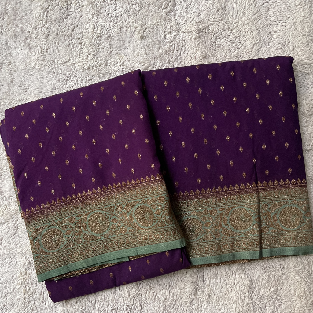 Crape Butta Banarasi Georget Purple With Seagreen Contrast Colour Saree