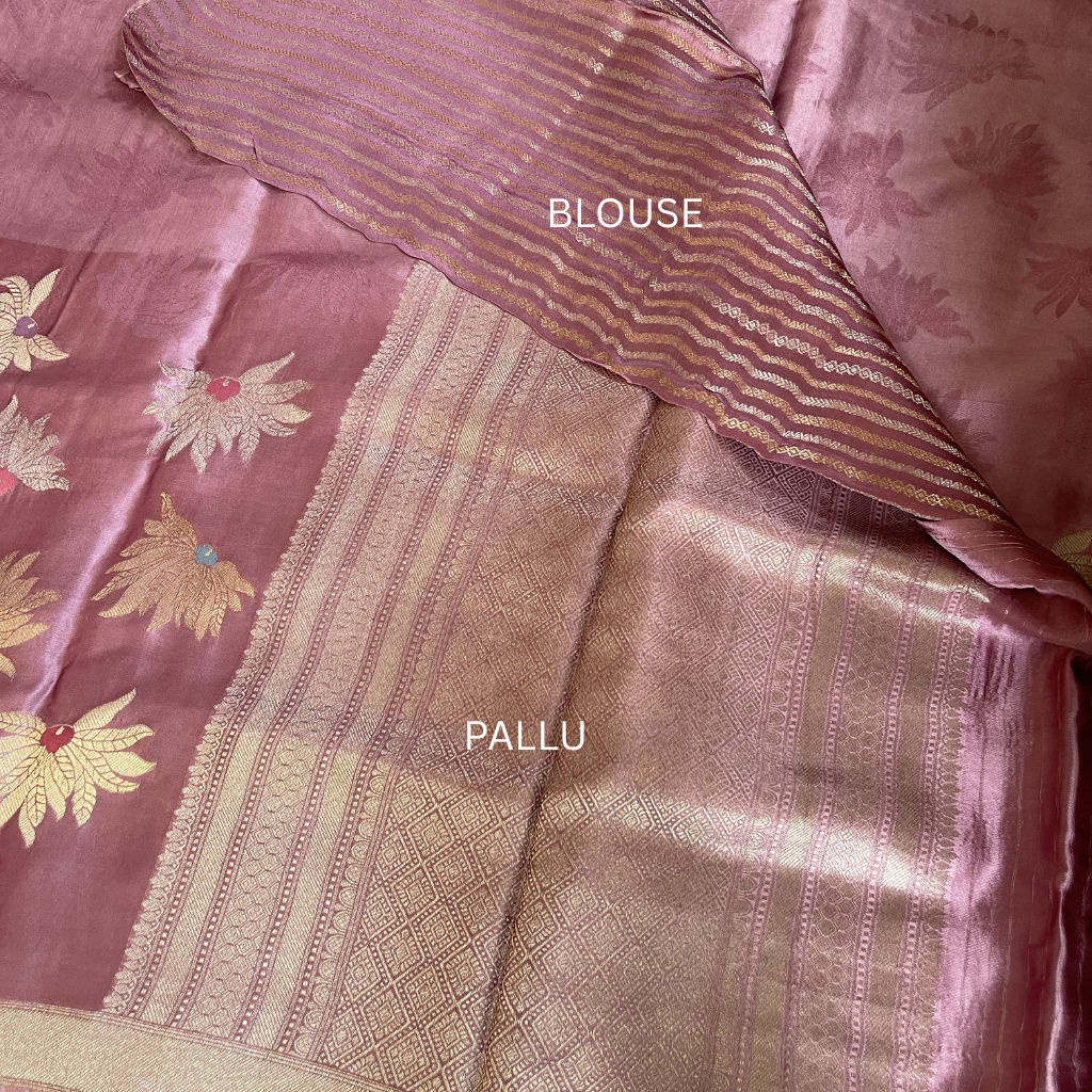 Onion Pink Banarasi Satin Silk Saree With Golden And Silver Floral Weaved
