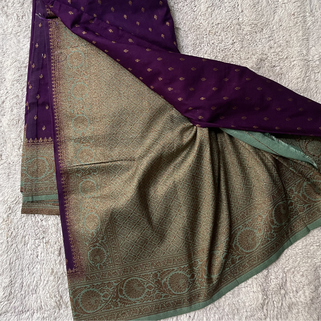 Crape Butta Banarasi Georget Purple With Seagreen Contrast Colour Saree