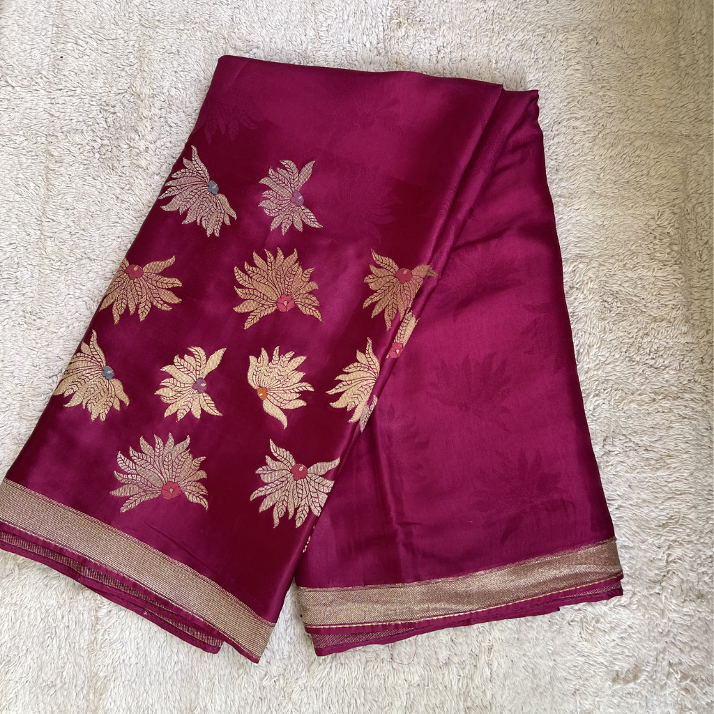 Magenta Banarasi Satin Silk Saree With Golden And Silver Floral Weaved