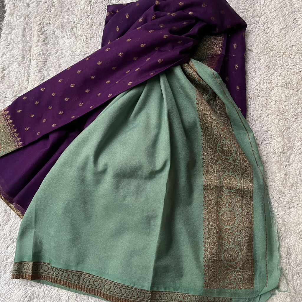 Crape Butta Banarasi Georget Purple With Seagreen Contrast Colour Saree