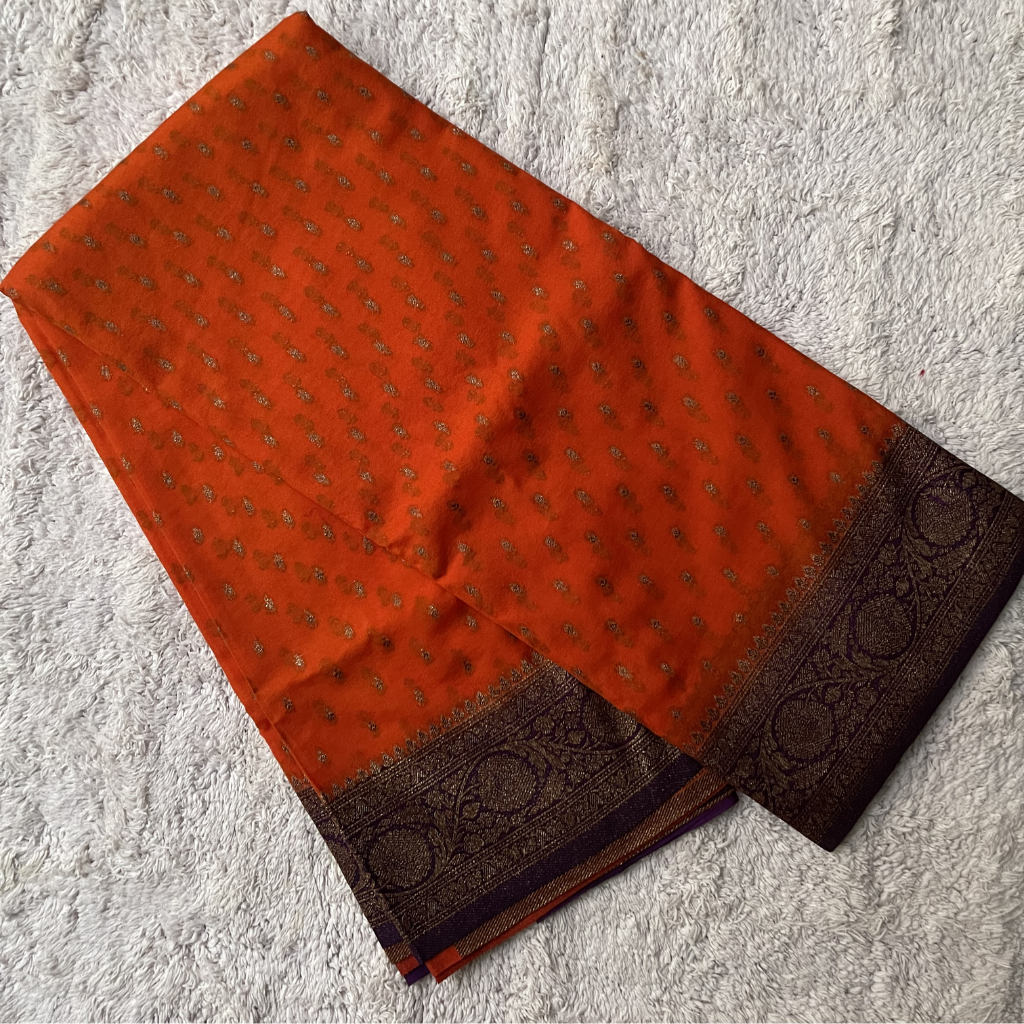 Crape Butta Banarasi Georget Orange With Brown Contrast Colour Saree