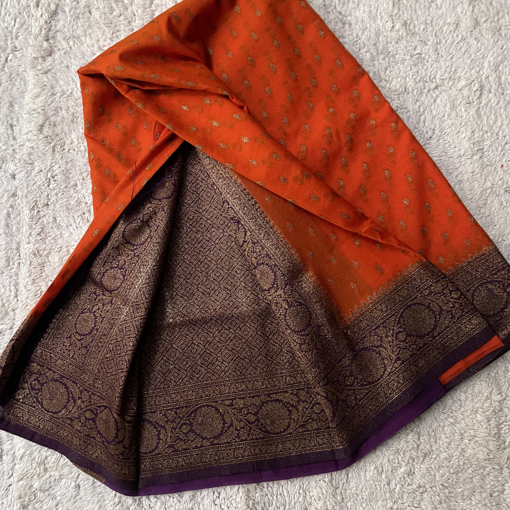 Crape Butta Banarasi Georget Orange With Brown Contrast Colour Saree