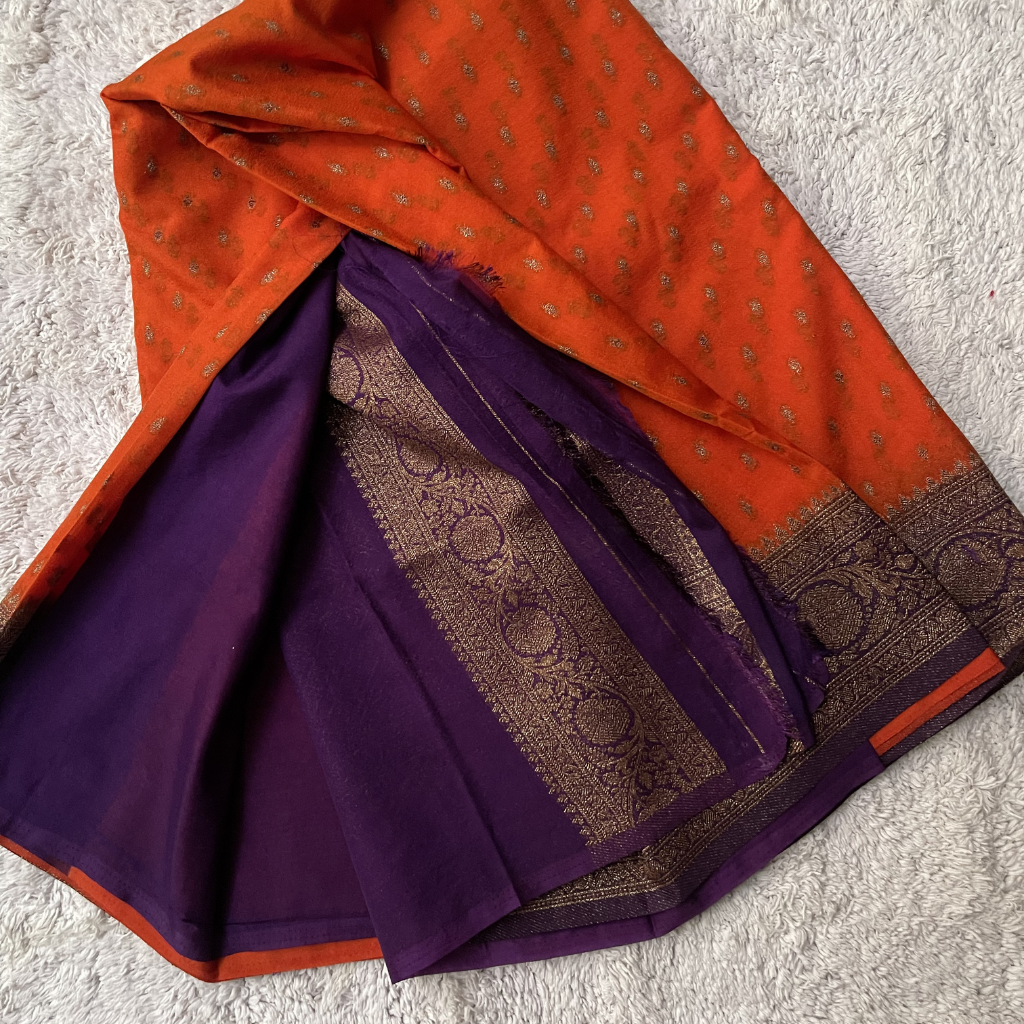 Crape Butta Banarasi Georget Orange With Brown Contrast Colour Saree